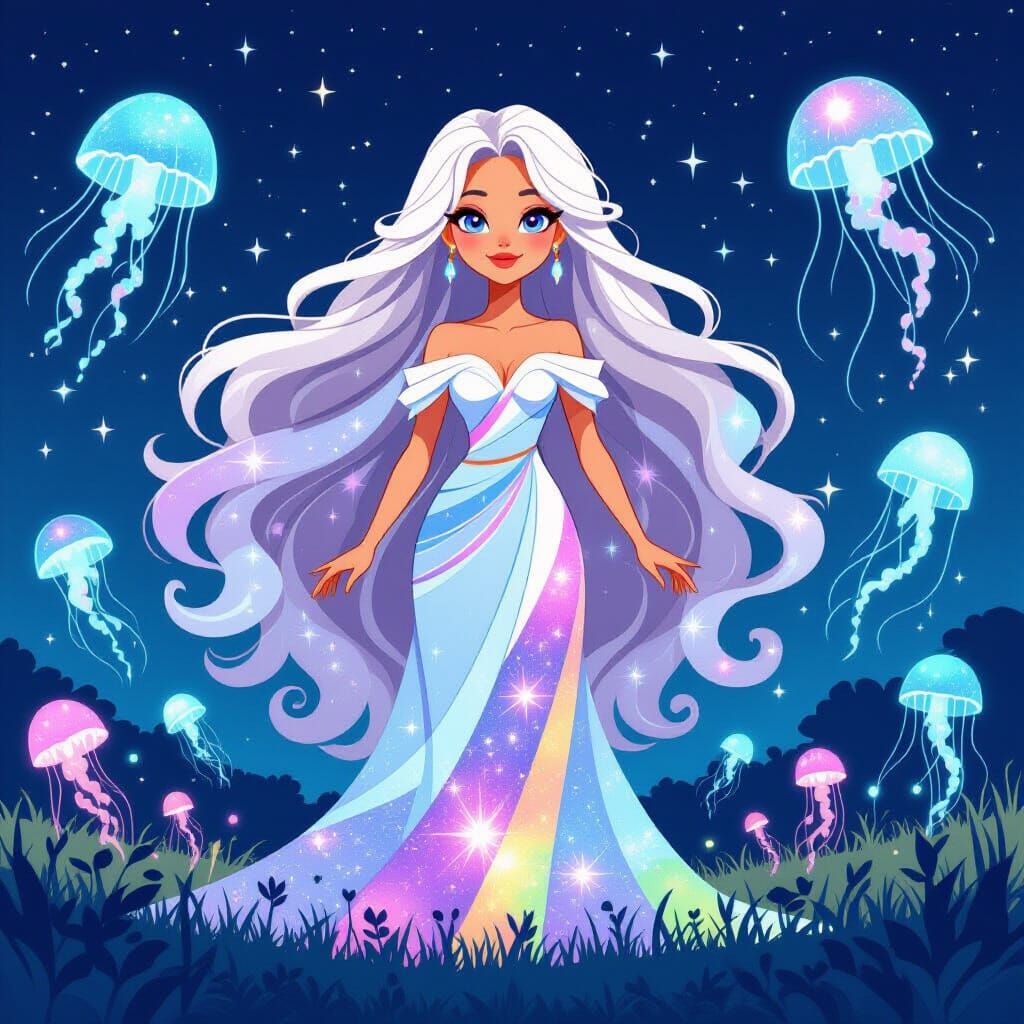 Cartoon Goddess with Galaxy Hair in Bioluminescent Field