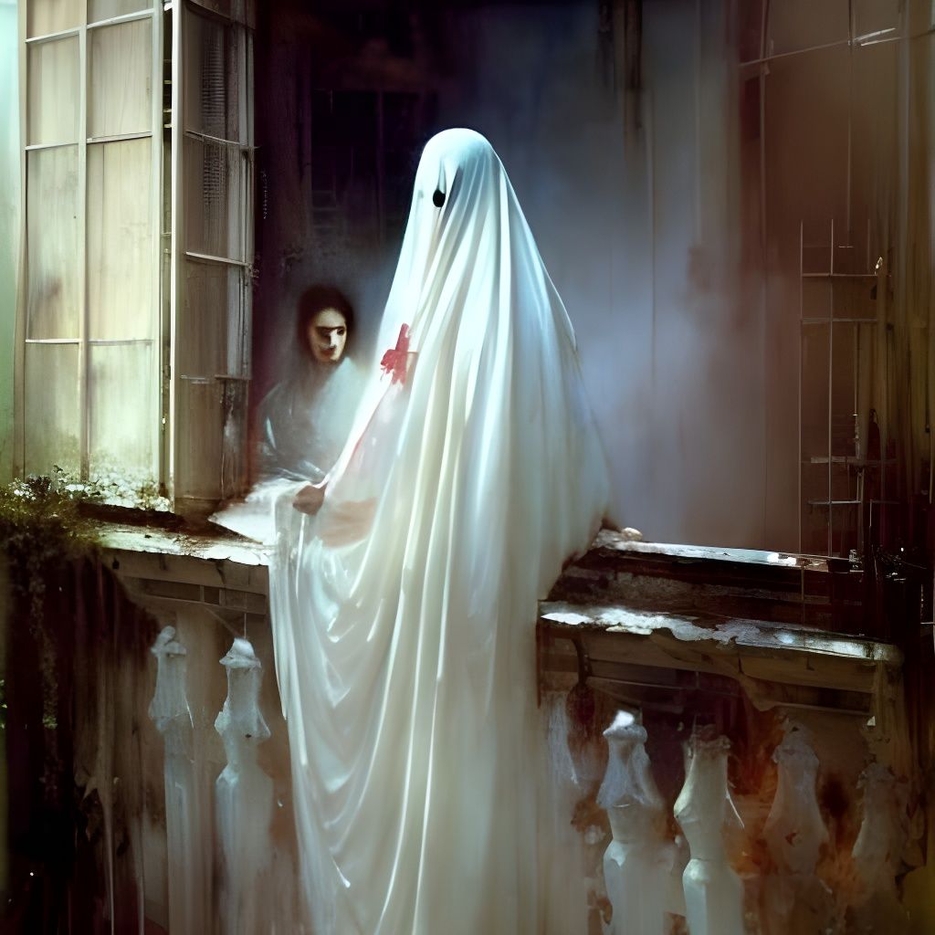 Eerie Ghosts by Balcony Window: Sinister Matte Painting
