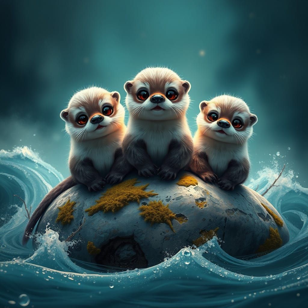 Whimsical Sea Otters on a Dreamy Rock