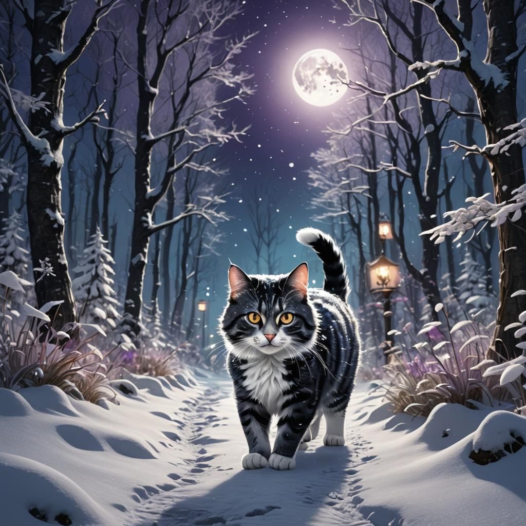Snowy Moonlight Cat in Mystical Forest