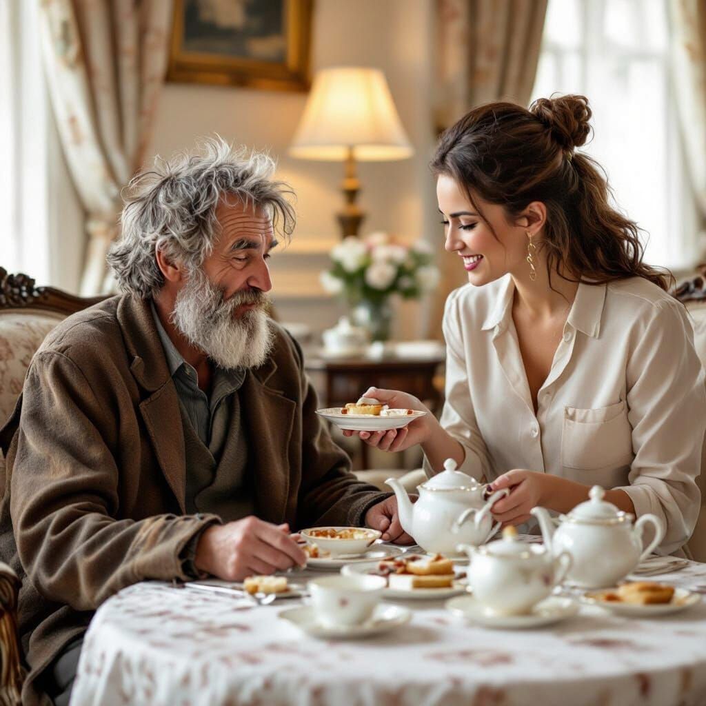 Woman Serves Tea to Homeless Man in Posh Lounge