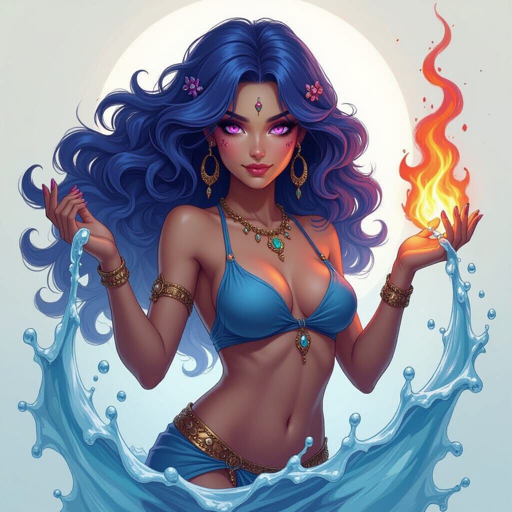 Detailed Female Djinn Controls Water and Fire as Digital Art