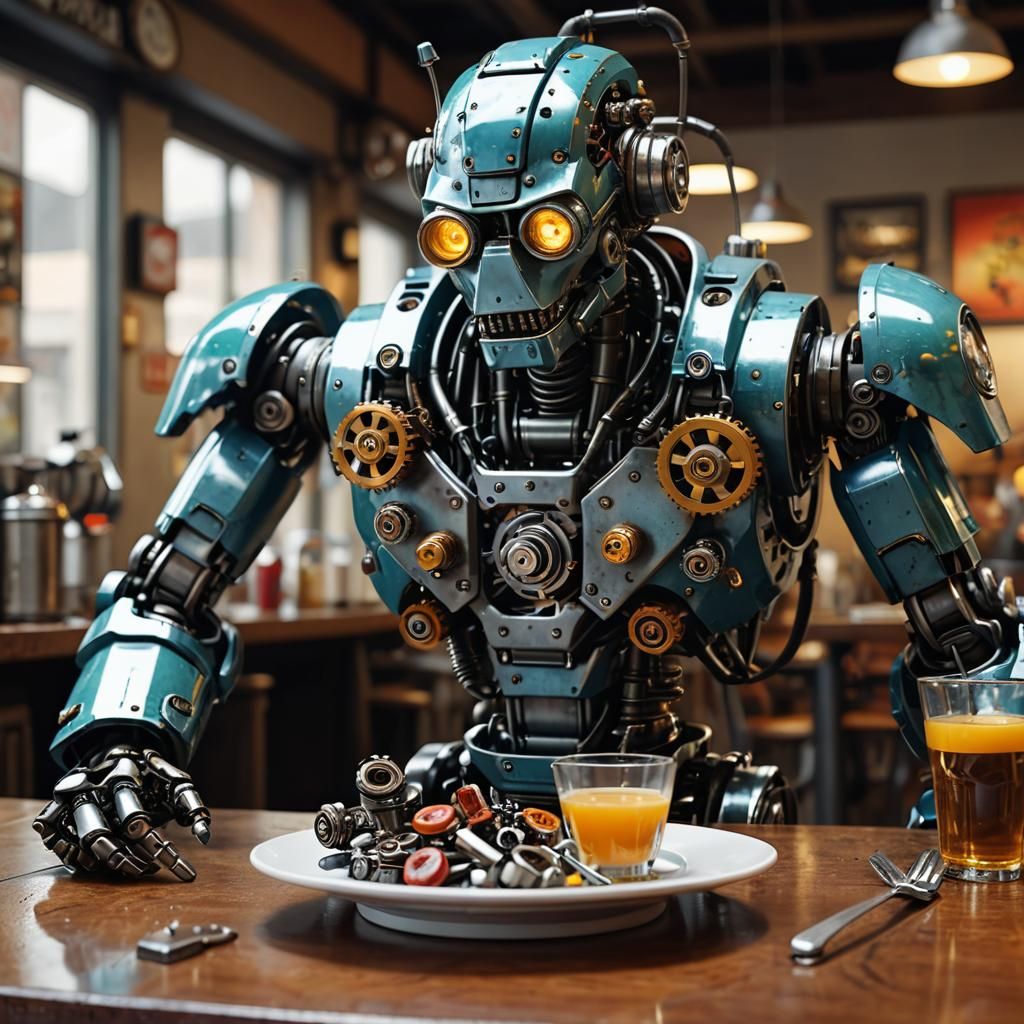 Bender Robot Lunch: Realistic 8K Cafe Scene