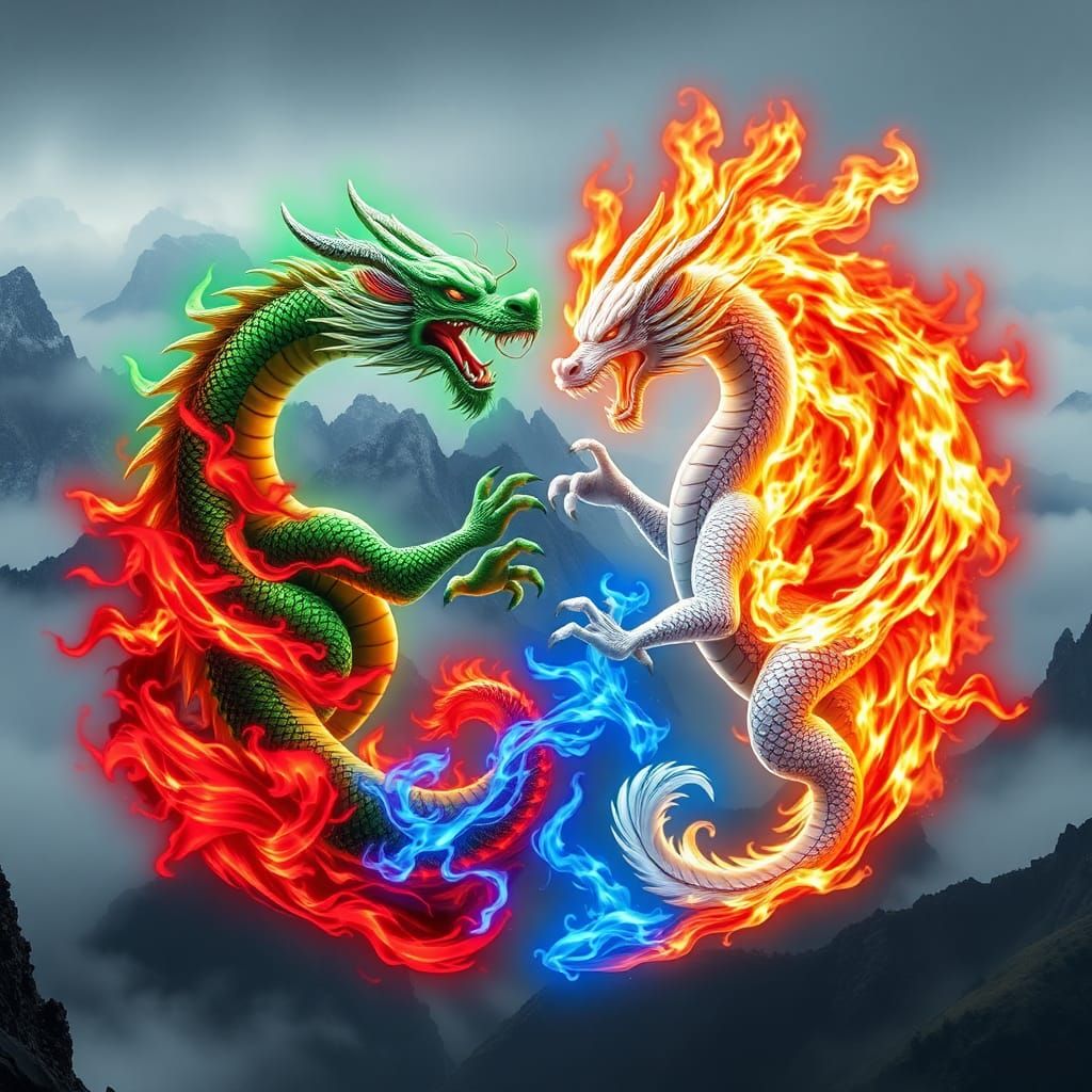 Over-detailed yin yang symbol featuring two dragons. left a ...