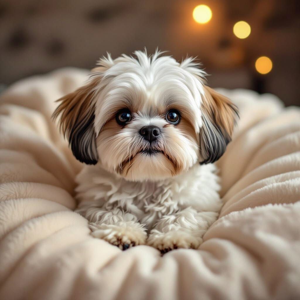Adorable Shih Tzu Dog on Cozy Cream Bed
