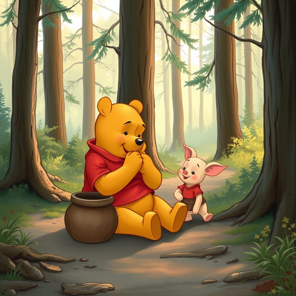 Winnie the Pooh and Piglet in Forest Illustration