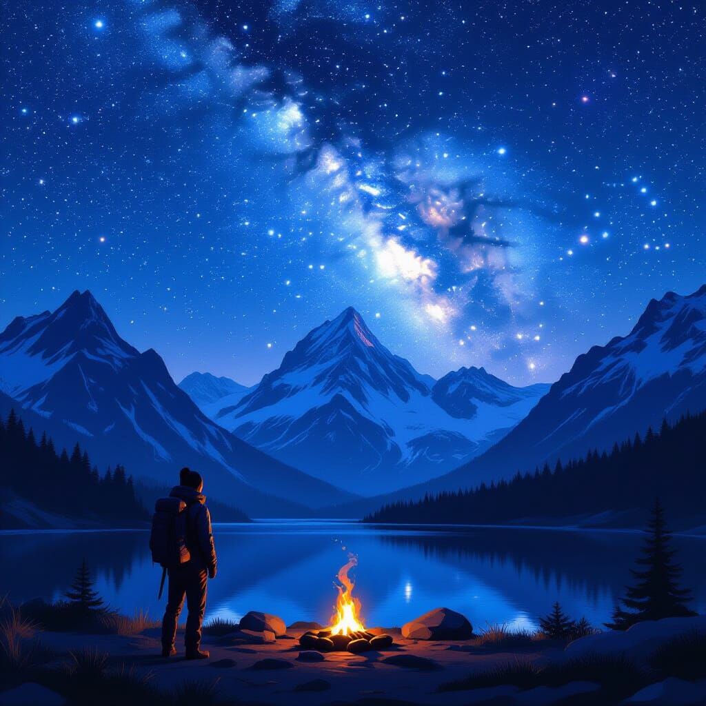 Stargazer at Mountain Peak in Painterly Style