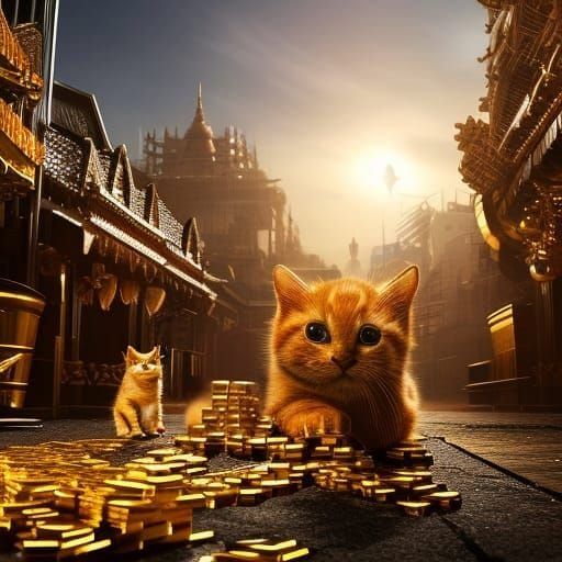 Kittens Playing with Gold Bricks