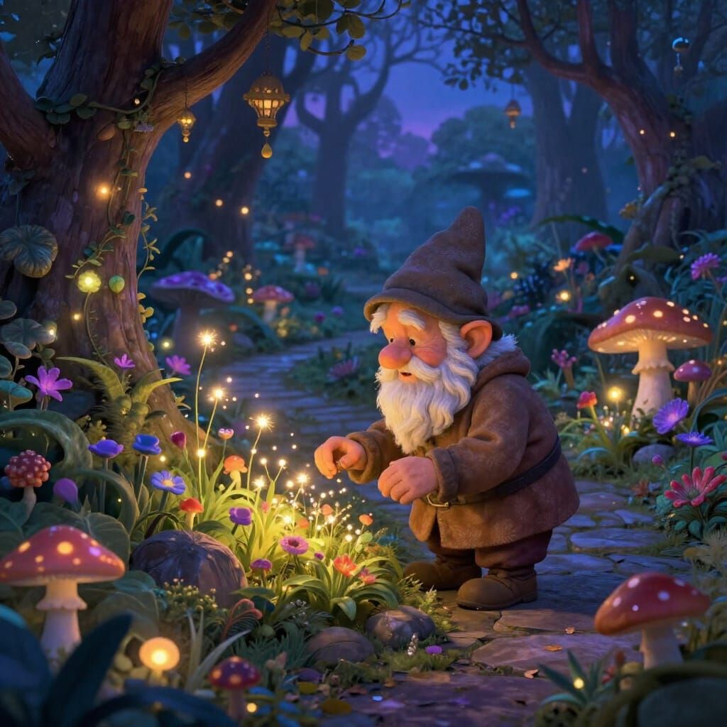 Elderly Gnome Tends Magical Twilight Garden with Fairy Light...