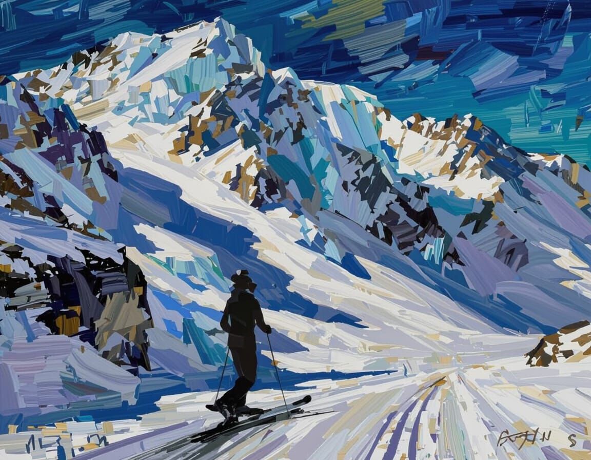 Solitary Cross Country Skier in Painterly Mountain Pass