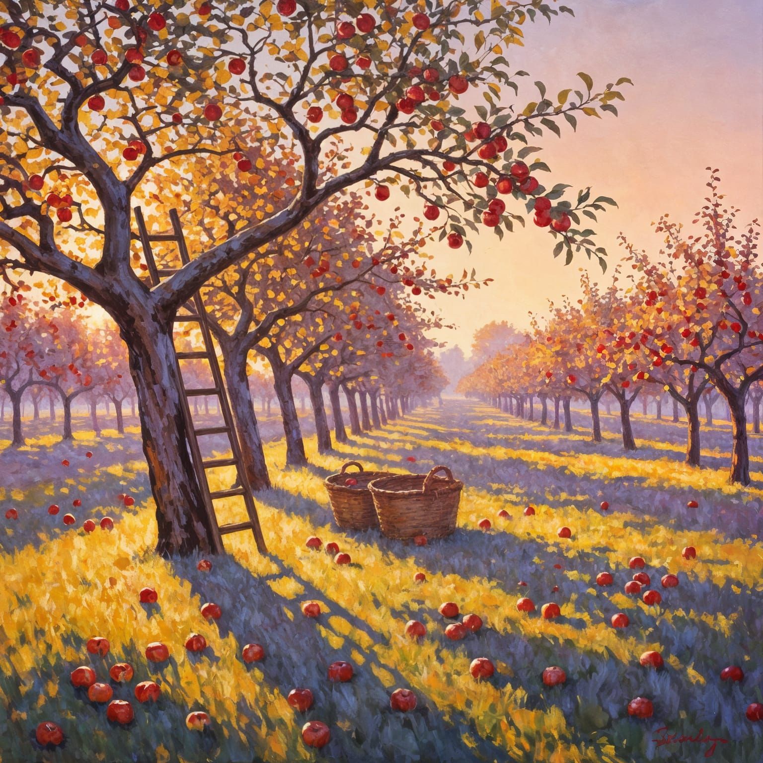 Impressionist Apple Orchard at Golden Hour