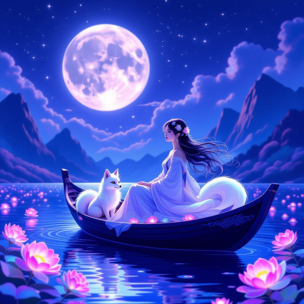 Ethereal Girl and Fox on Magical Sea