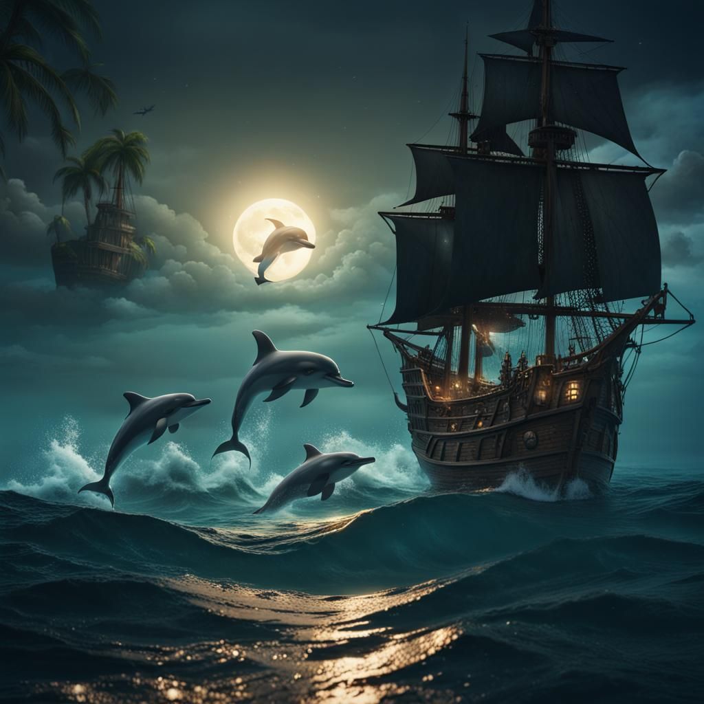 Moonlit Pirate Ship and Flying Dolphins
