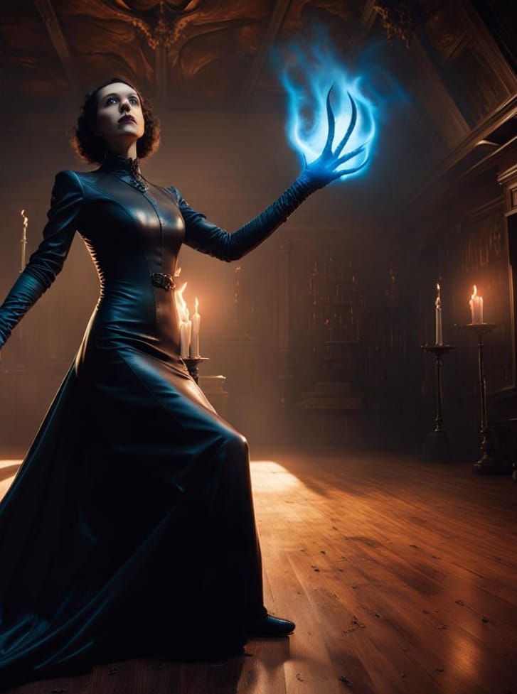 Levitating Sorceress with Fireball in Eldritch Horror Style