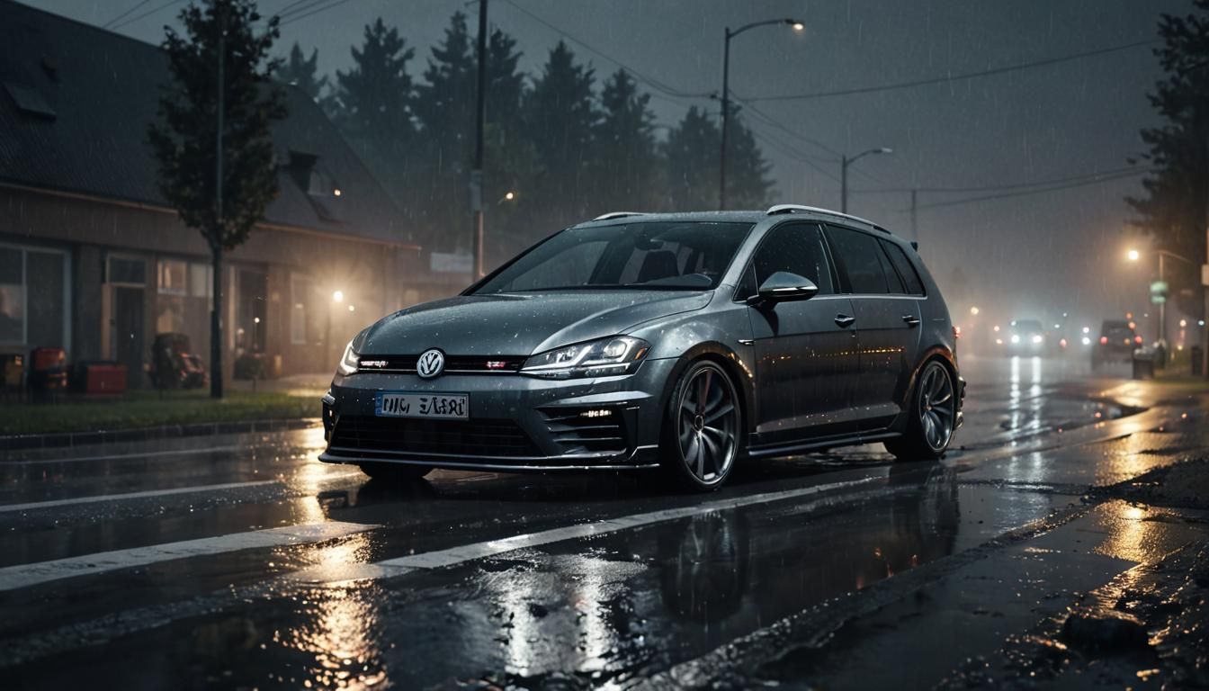 Widebody VW Golf 7R Drifting on Wet Highway