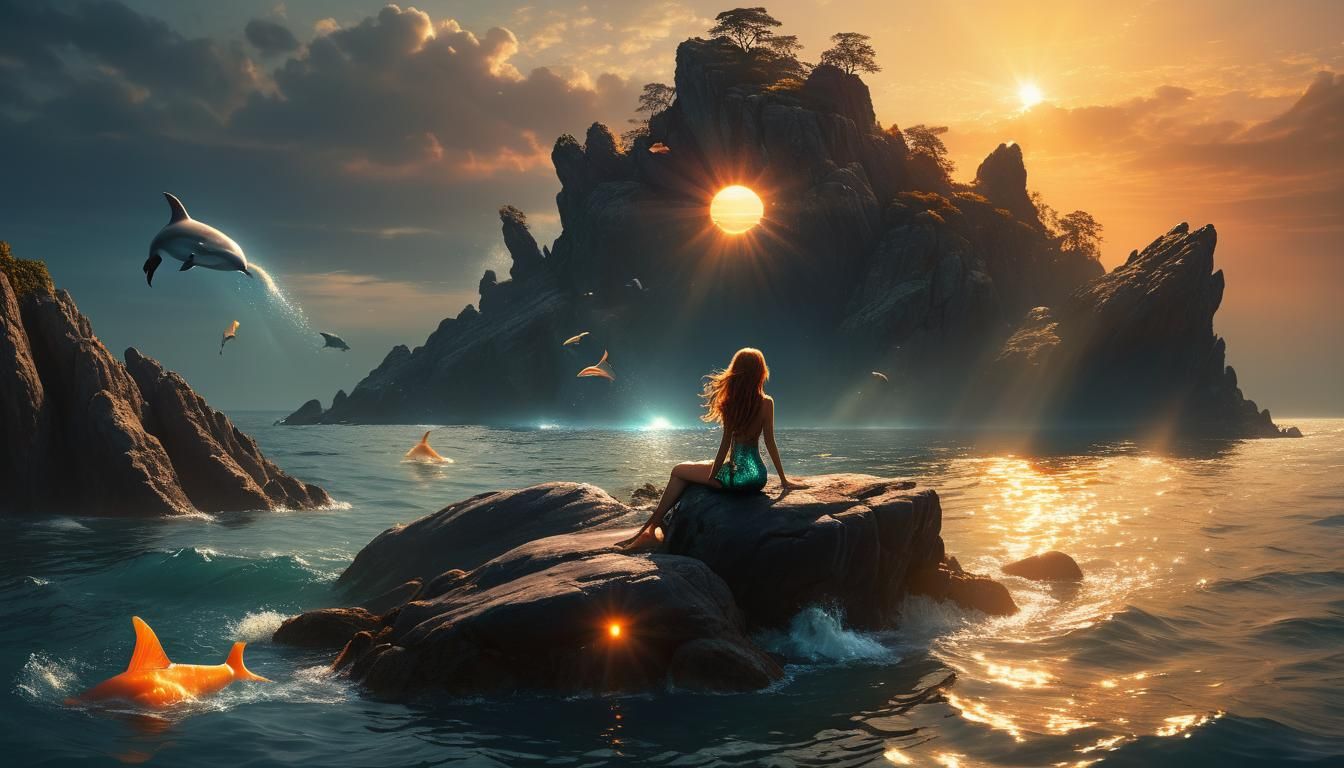 Mermaid's Sunset Longing: A Digital Matte Painting