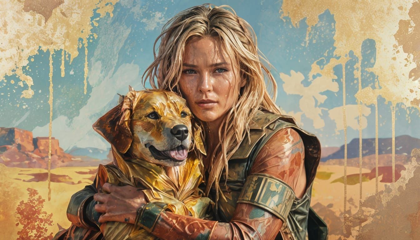 Mad Max Survivor With Golden Retriever in Gilded Style