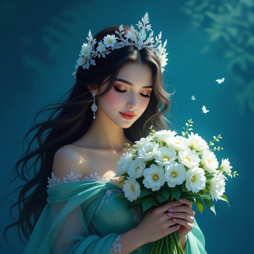 Ethereal Woman with Floral Crown in Oil Painting Style