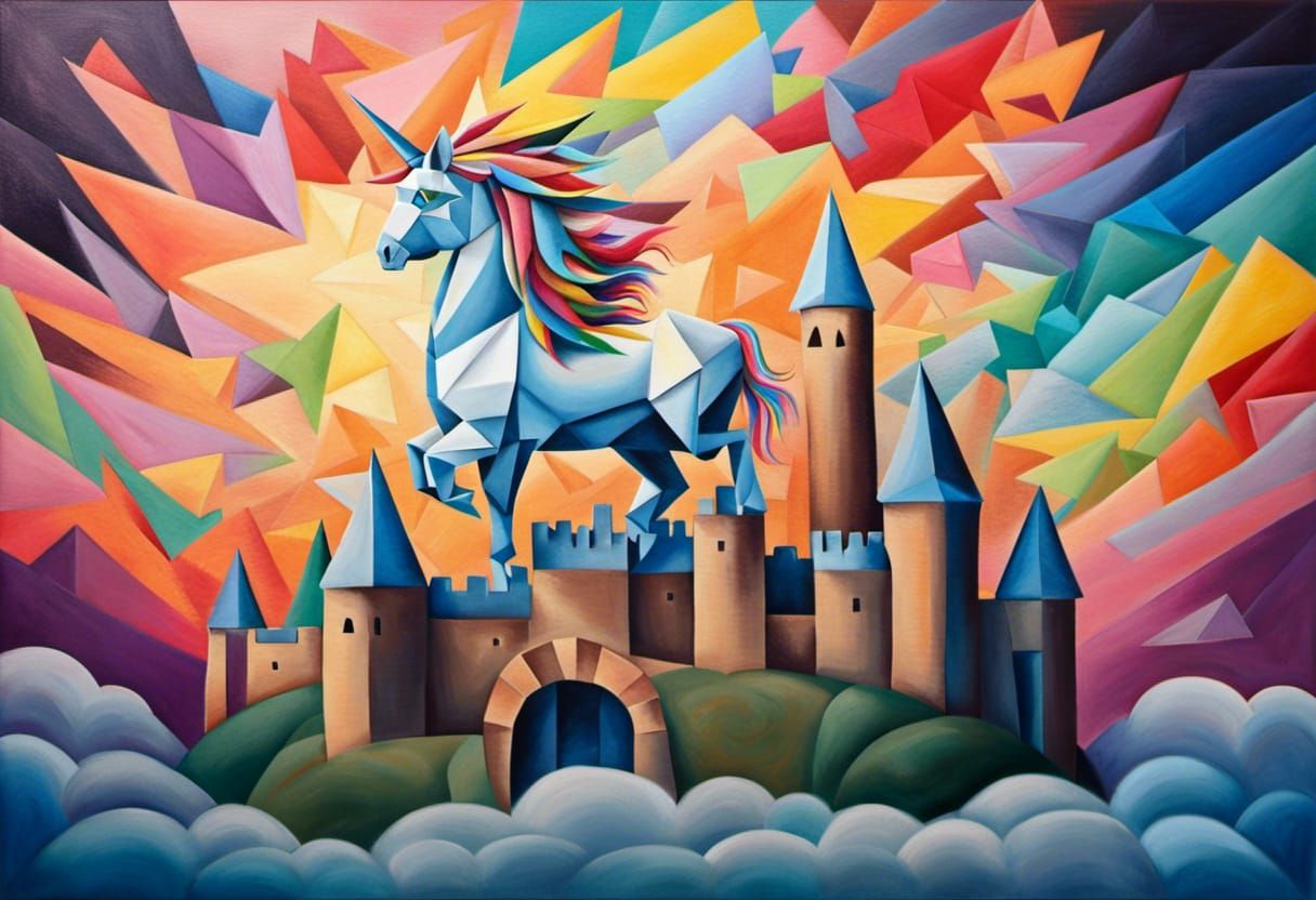 Origami Unicorn Flies Over Castle: Surreal Oil Painting
