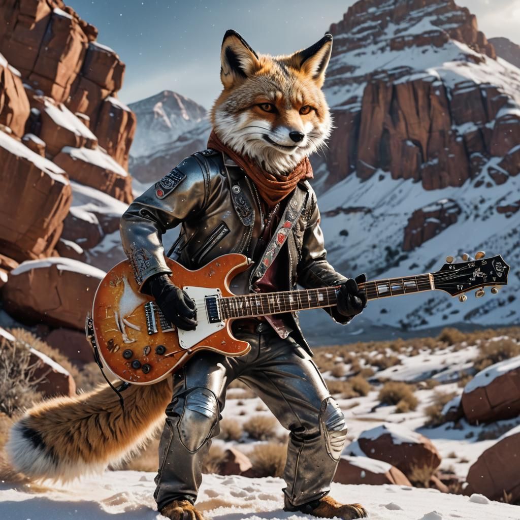 Desert Fox Rocks Snowy Mountains with Gibson Guitar