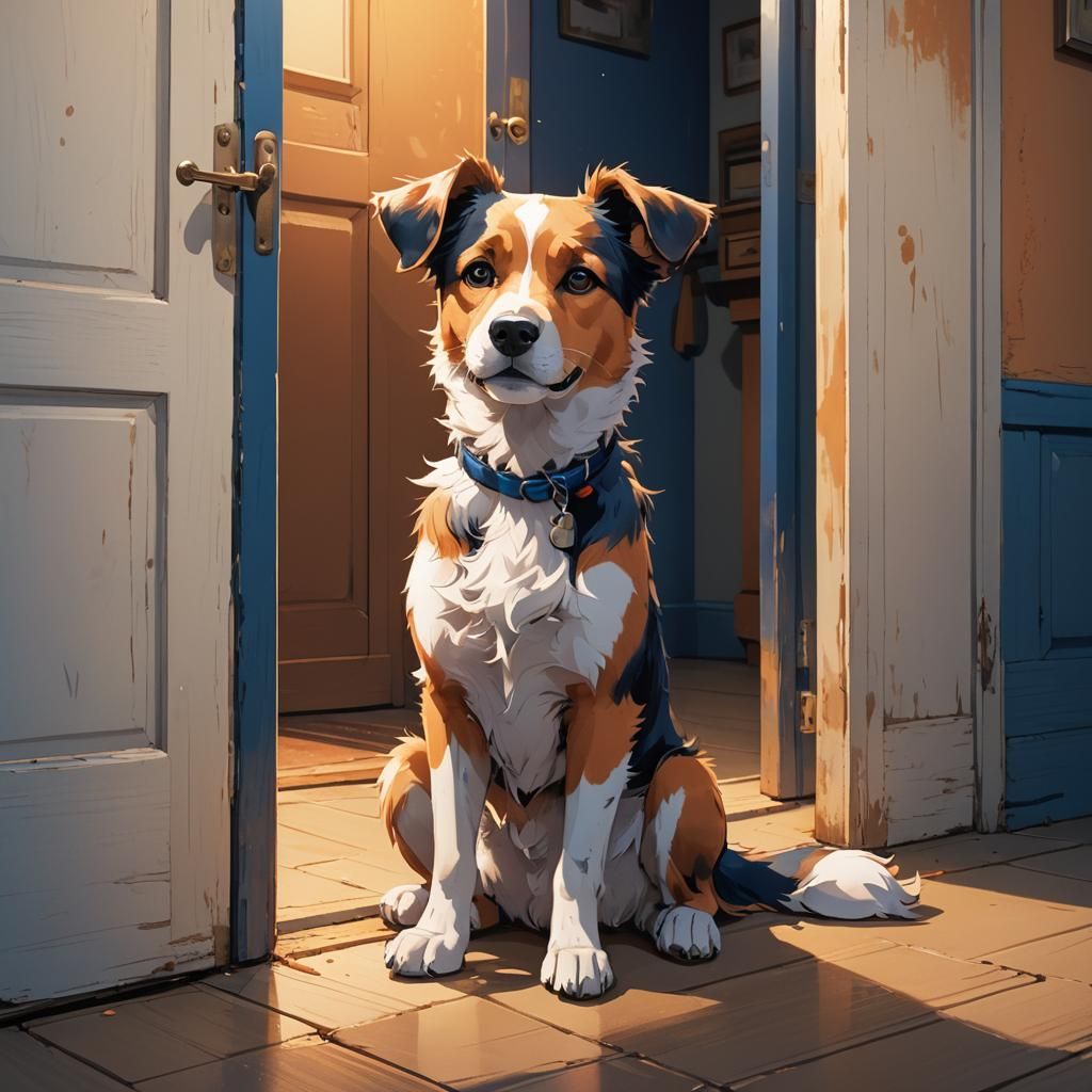 Cute Anime Dog by Door with Vibrant Colors