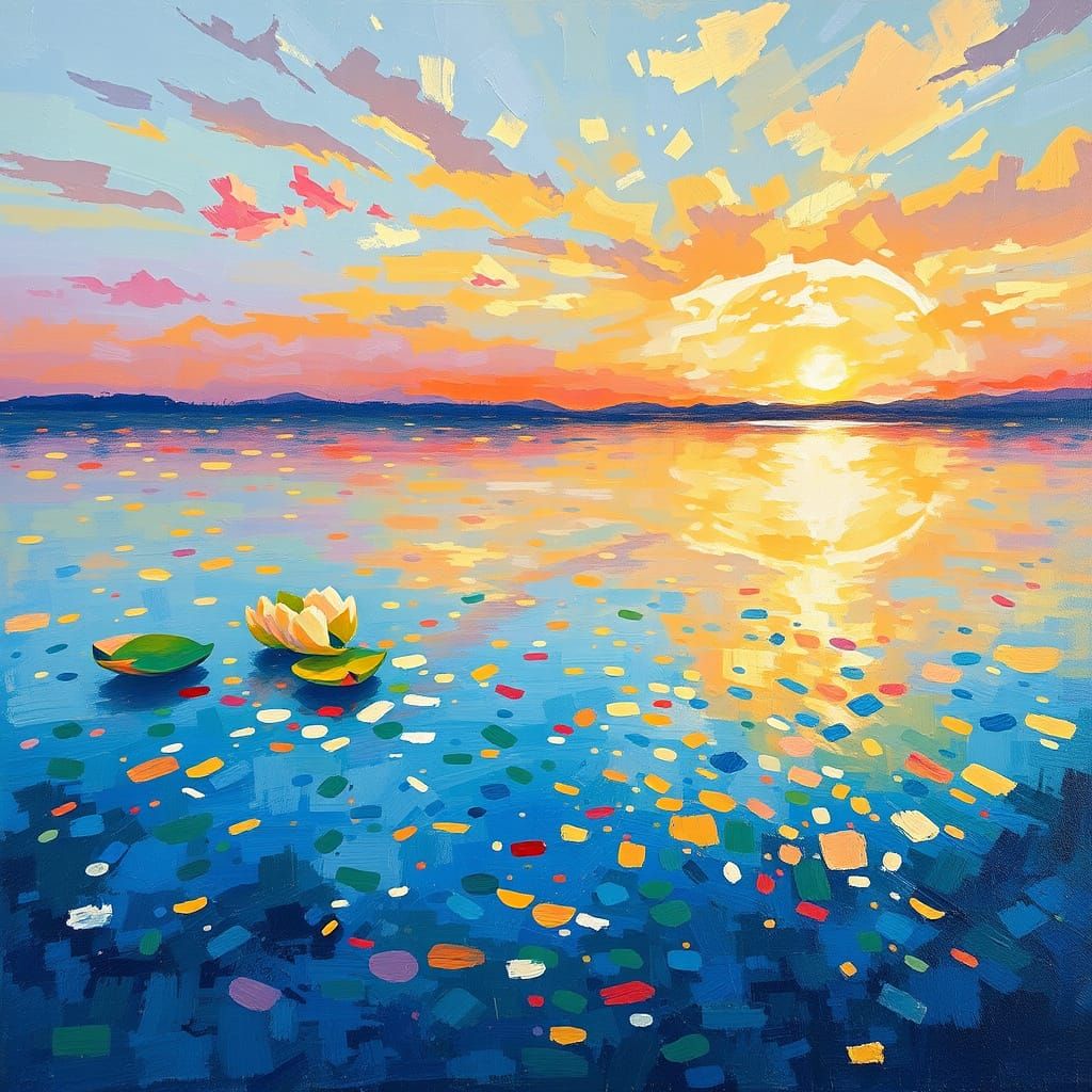 Dawn and Dusk Reflections on Shimmering Pond Oil Painting