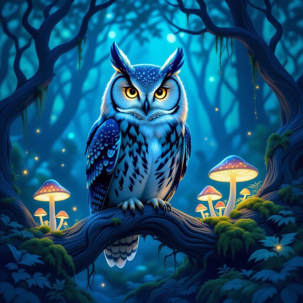 Wise Owl in Bioluminescent Forest, Dark Fantasy Style