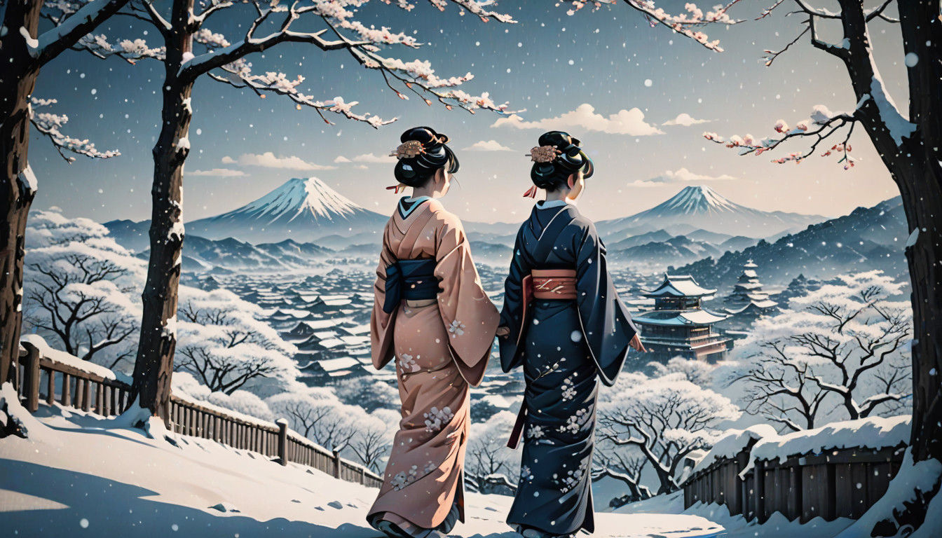 Serene Geisha Silhouette Amidst Winter Wonderland