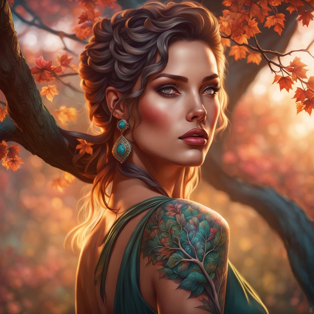Beautiful woman with a tree tattoo sleeve