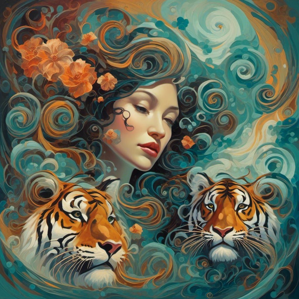 Dreamlike Surreal Woman and Tiger Composition