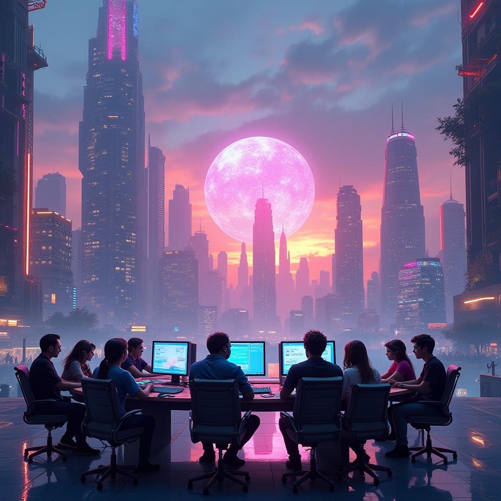 Cyberpunk Futuristic Cityscape with Neon Lights and Virtual....