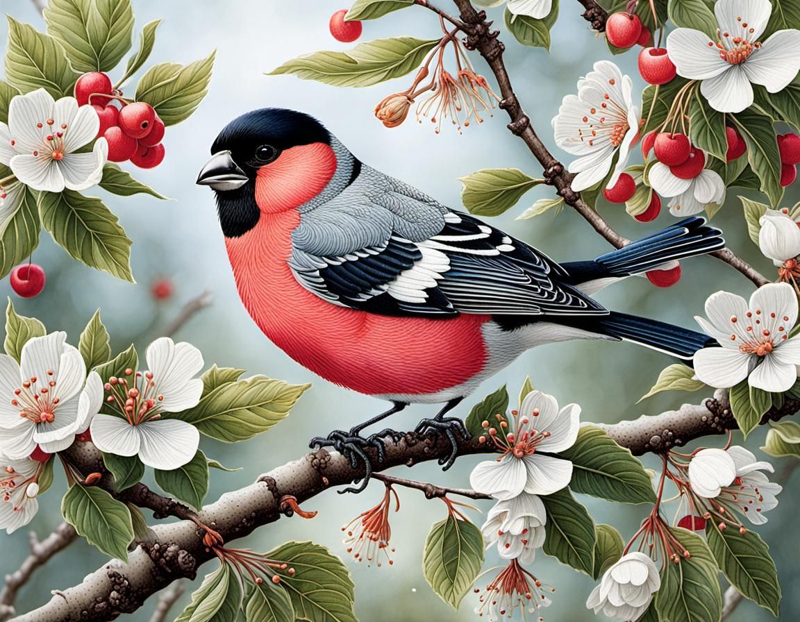 Bullfinch in Cherry Tree, Botanical Illustration