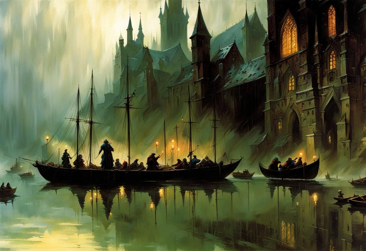 Medieval Port City in Gothic Fantasy Style