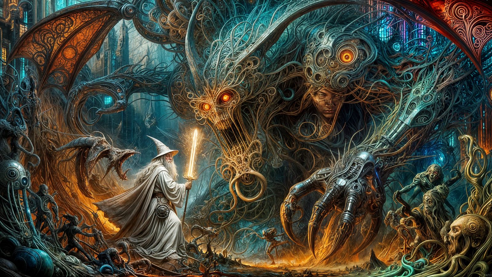 Gandalf Battles Balrog in Dystopian Cyberpunk Wonderland