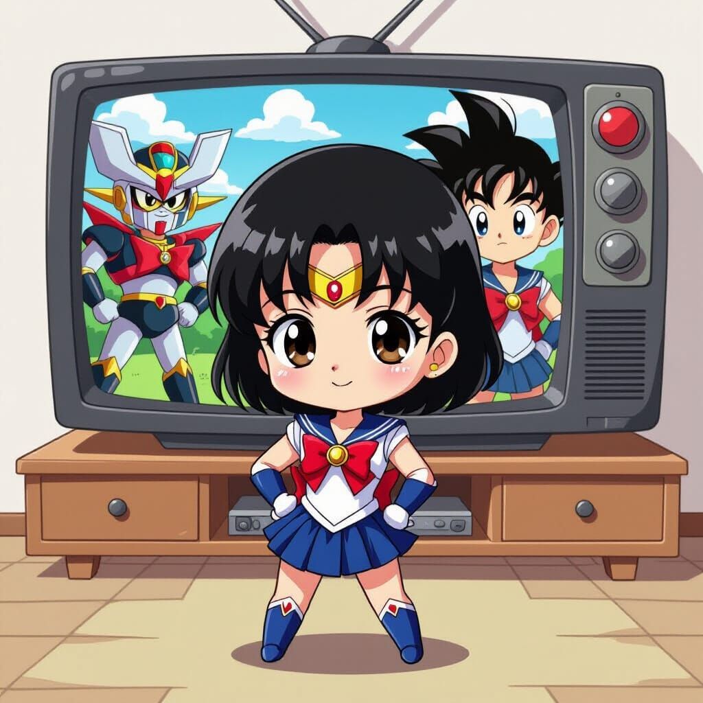 Anime Chibi Girl Watching Classic Cartoons on TV