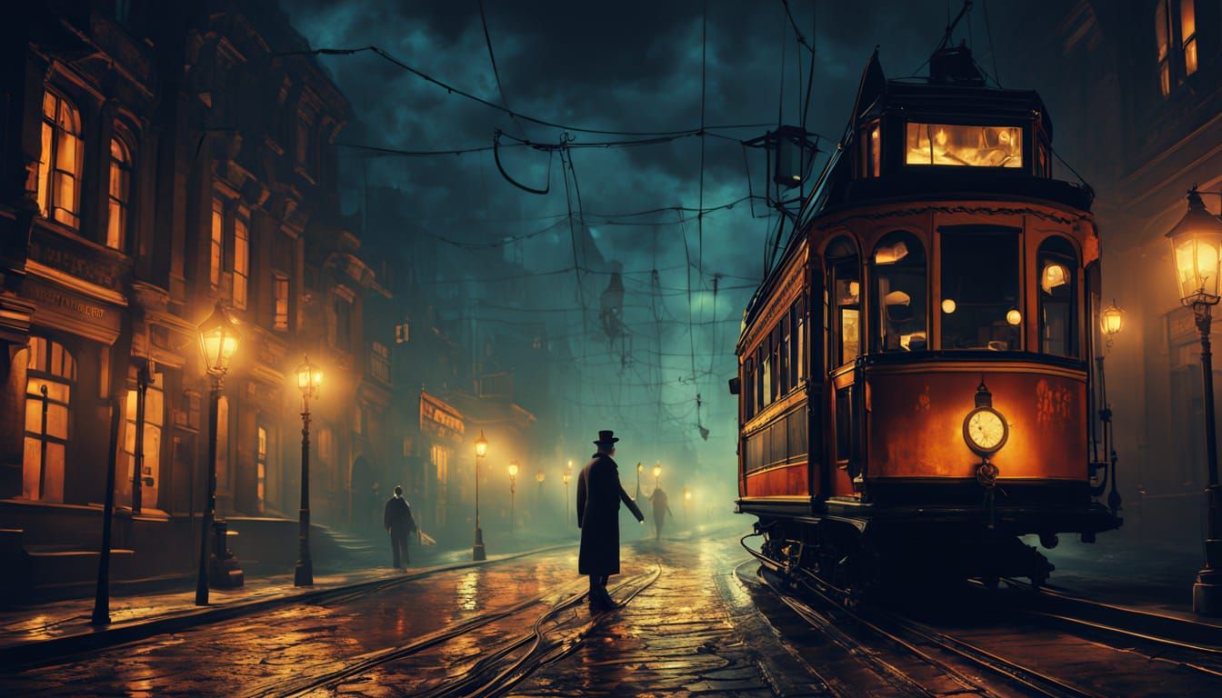 Vintage Tram Rides Through Foggy 1920s European City Streets