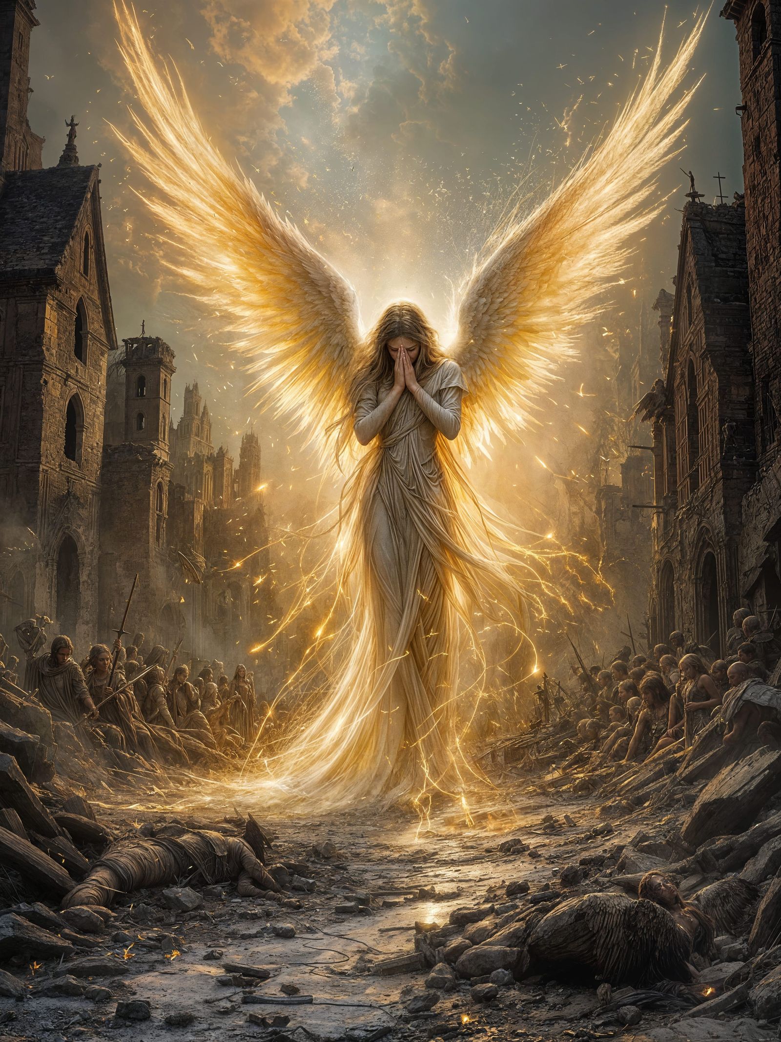 Sorrowful Angel Amidst Medieval Ruins: A Haunting Painting