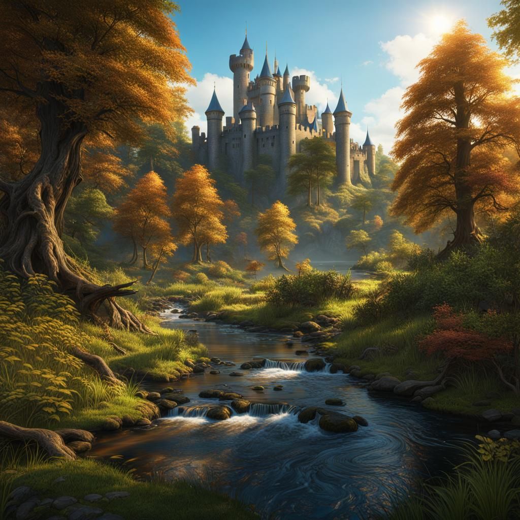 Forest Stream with Castle: Fantasy Concept Art