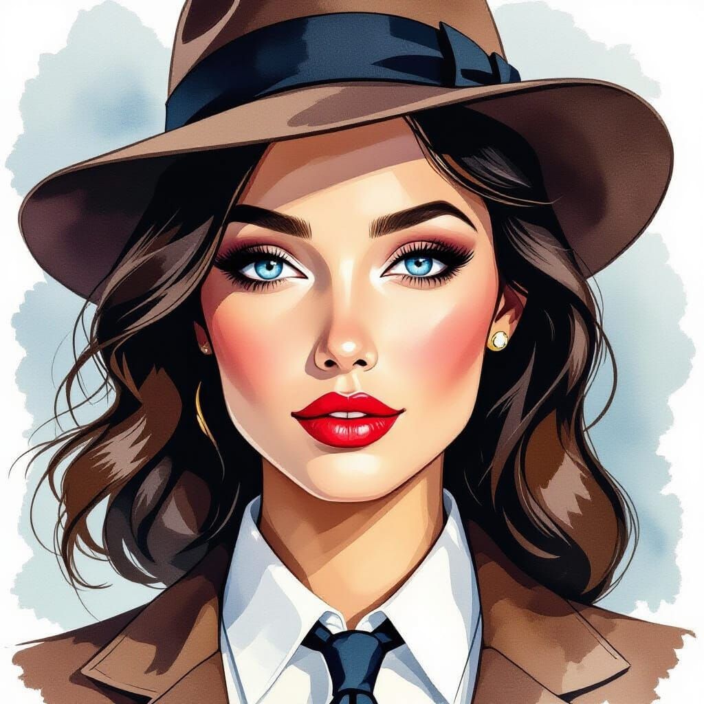 Watercolor Portrait of Woman in Fedora with Blue Eyes