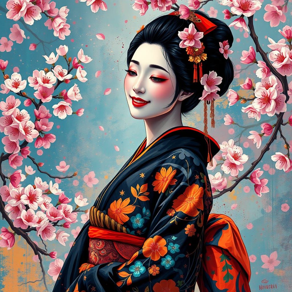 Geisha in Kimono Surrounded by Cherry Blossoms