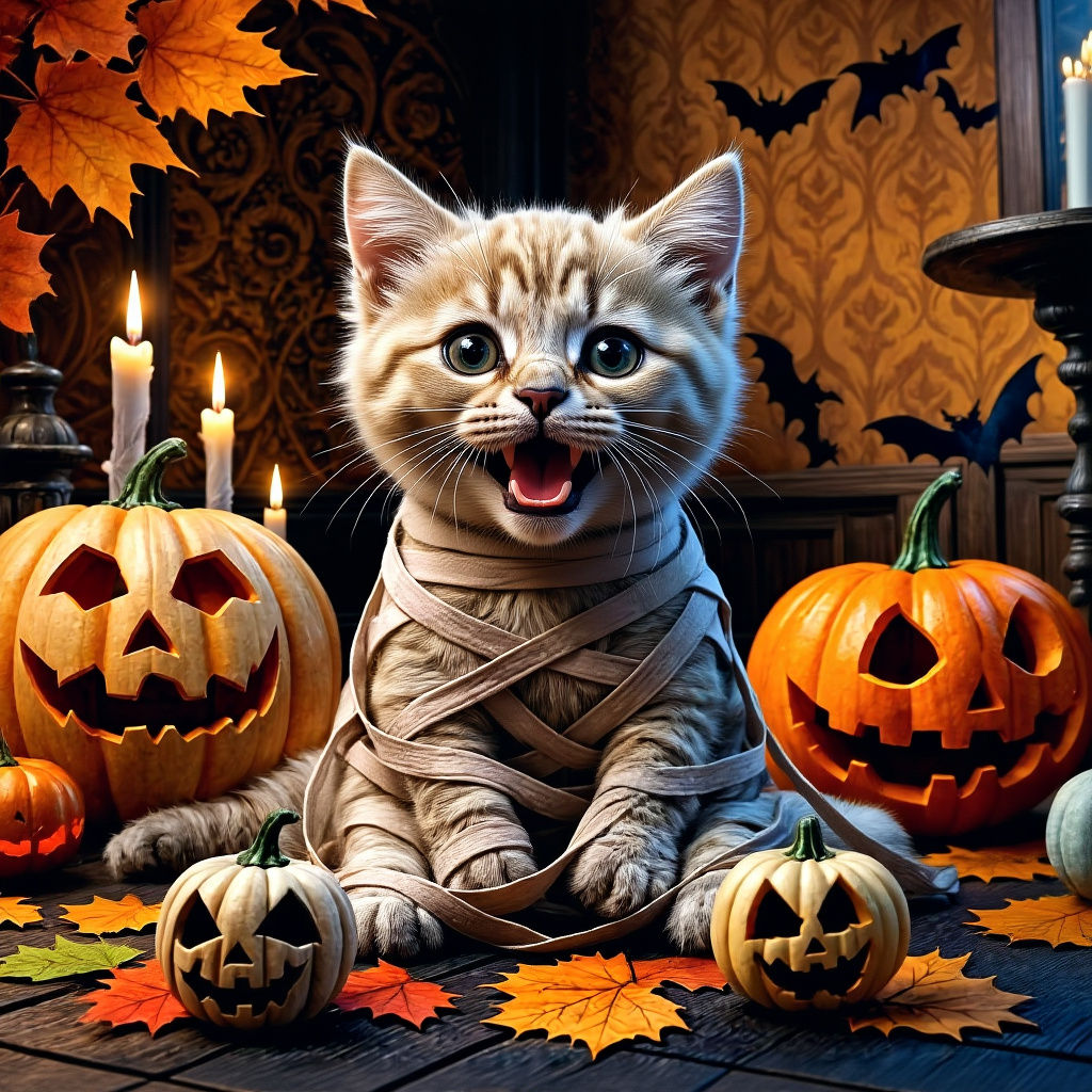 Mummy Kitten Halloween Scene with Pumpkins and Bats