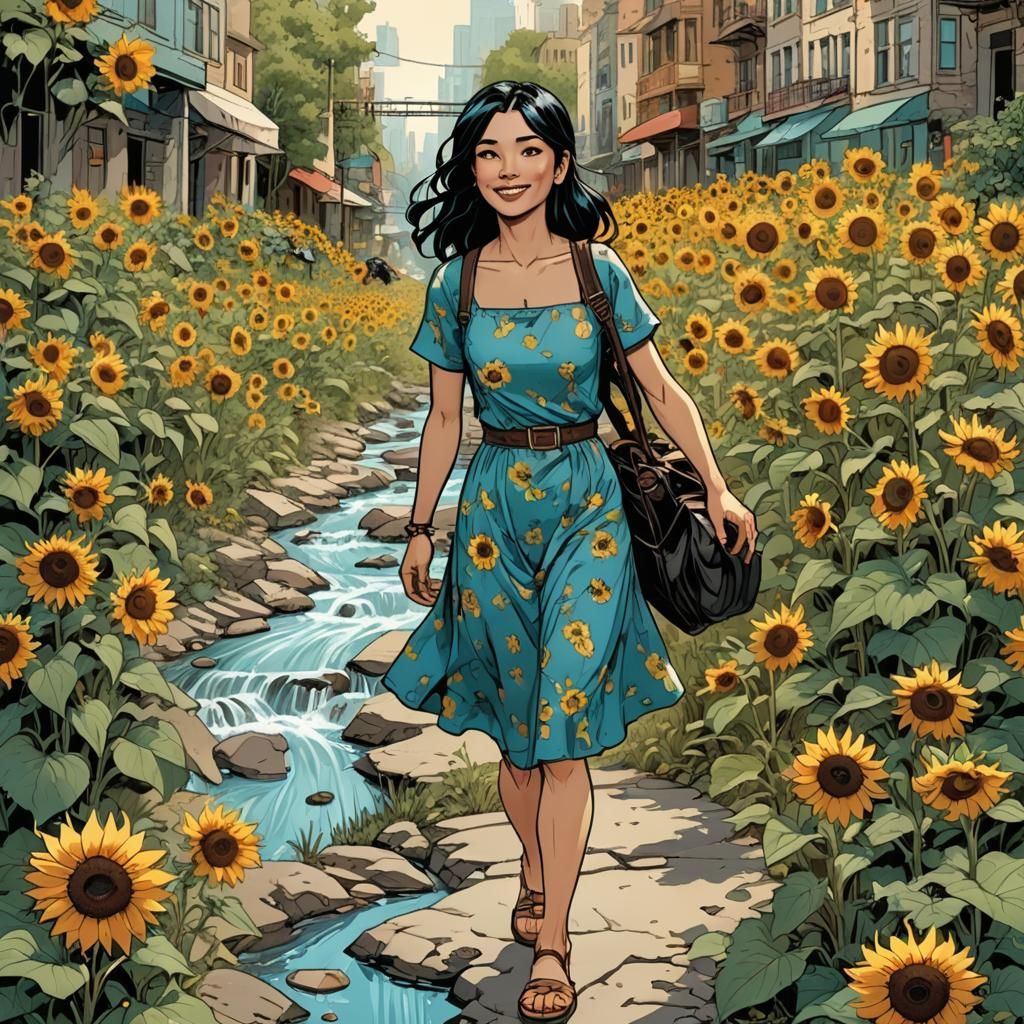 Girl with Sunflowers: Comic Book Style Art