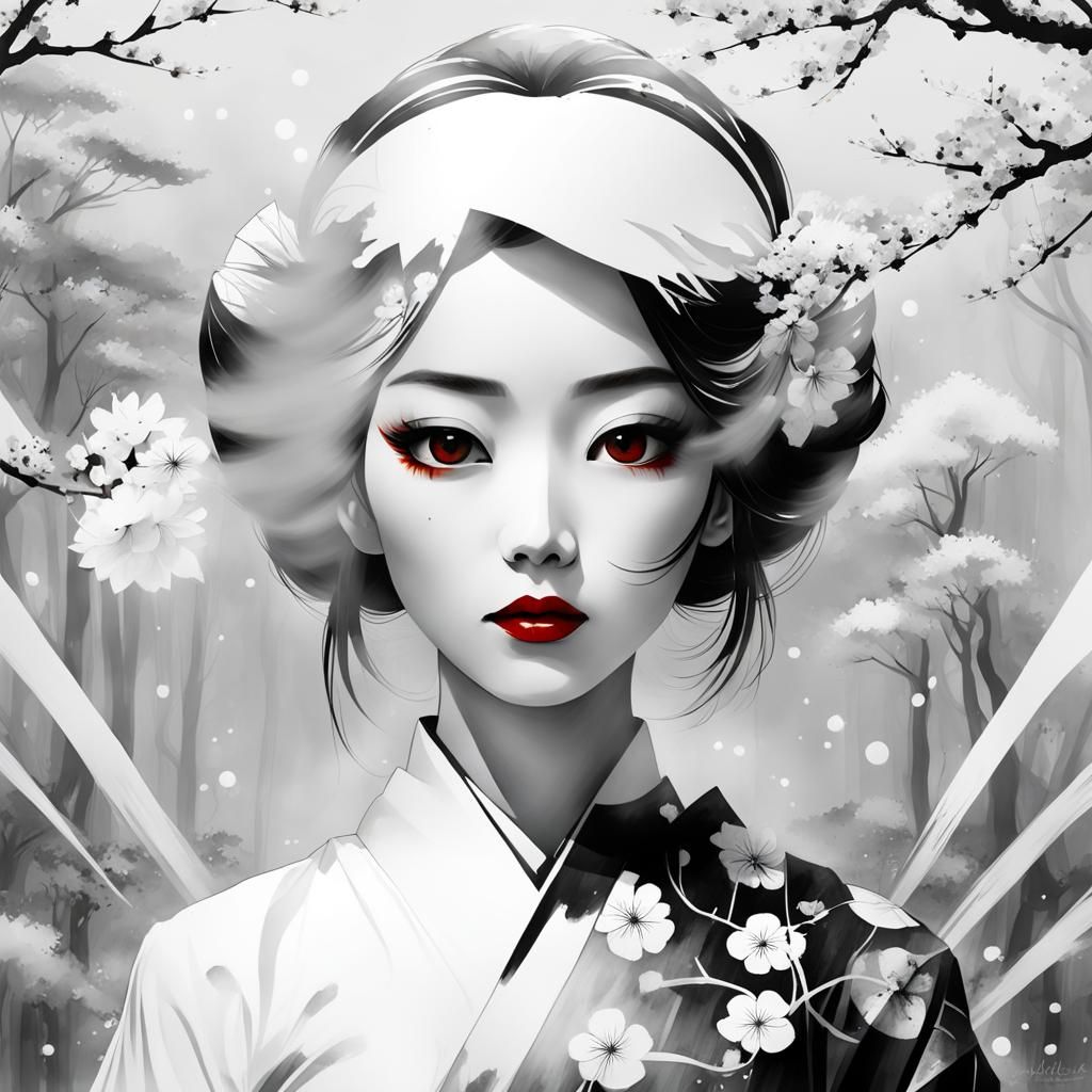 Ethereal Geisha in a Misty Japanese Landscape