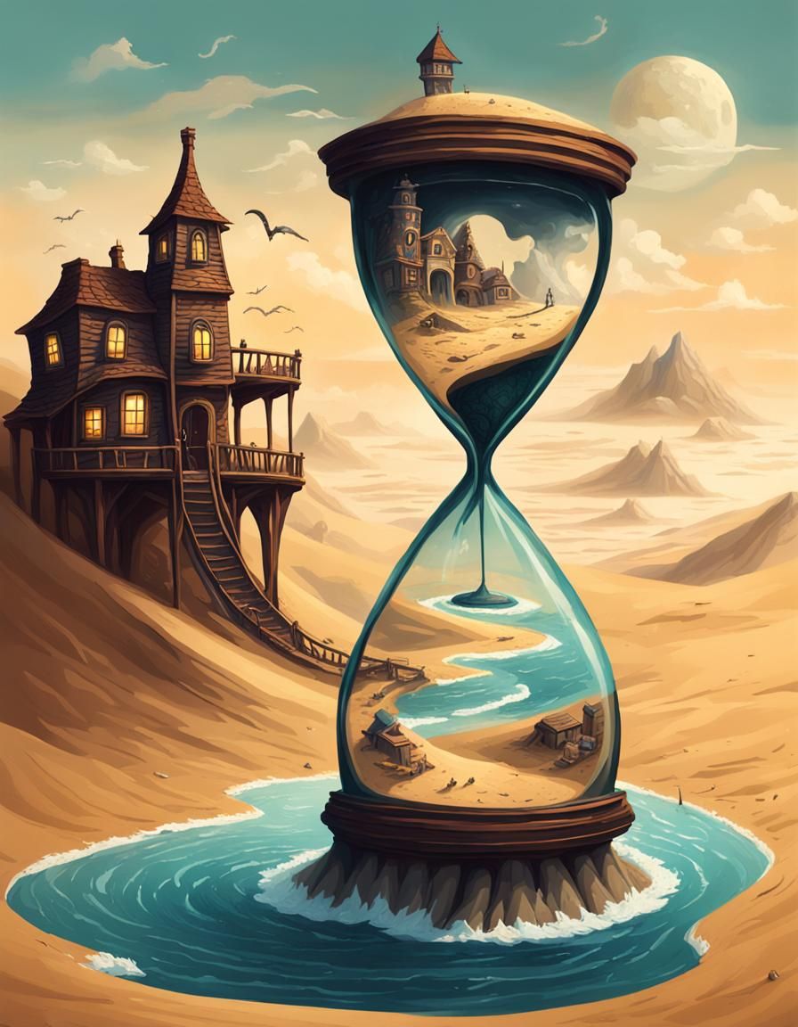 Surreal Hourglass with Sandworms and Tiny Homes