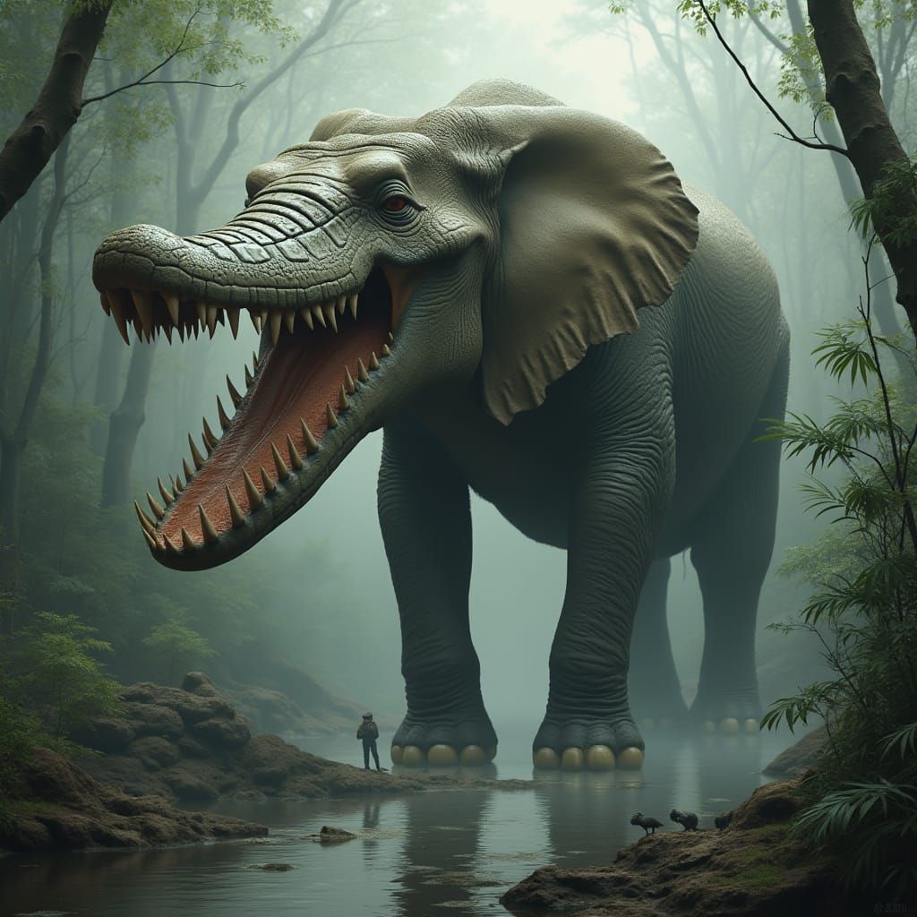 Crocodile Elephant Hybrid in Jungle, Fantastical Realism