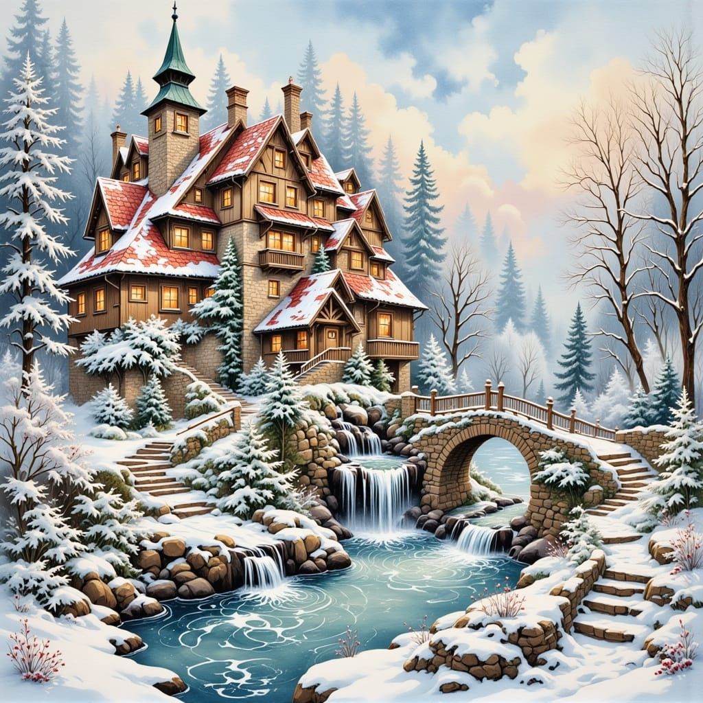 Charming European Village Watercolor Winter Landscape