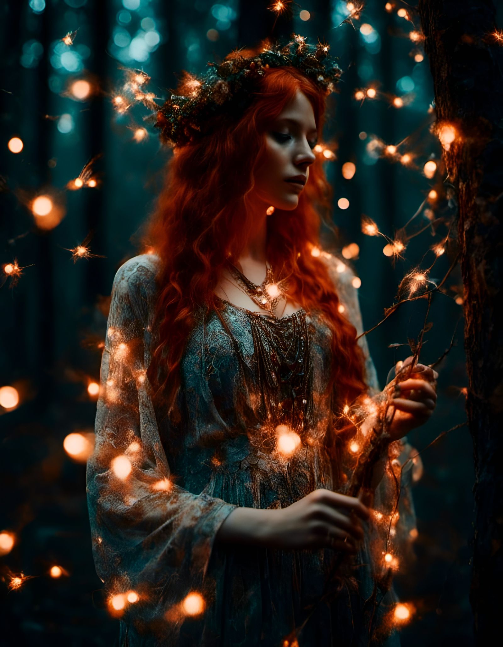 Beautiful redhead bohemian girl in a gorgeous bohemian dress in a moonlit forest full of fireflies and fairy lights <lor...