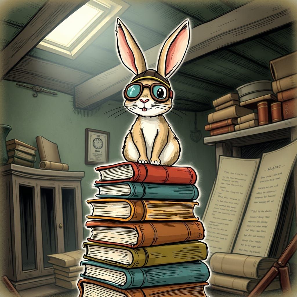 Whimsical Rabbit Aviator on Antique Books