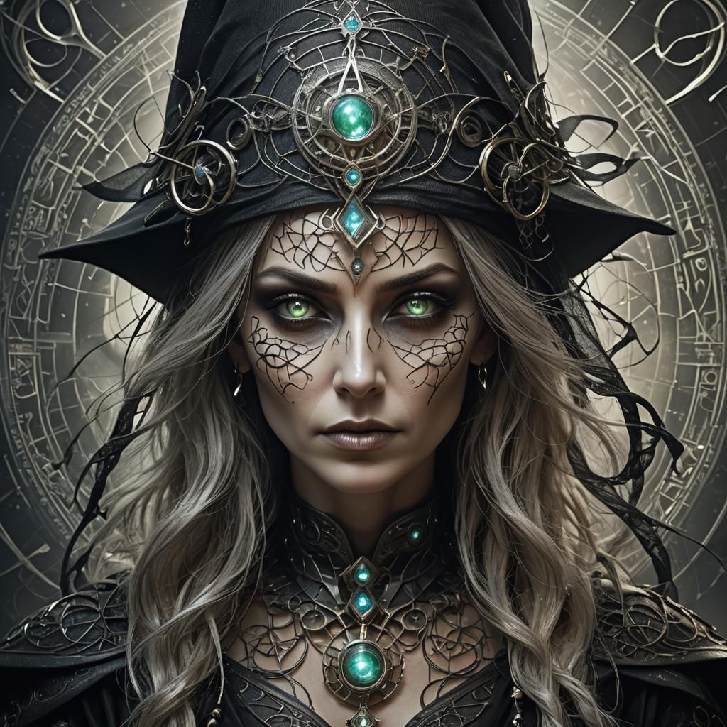 Ageless Cyberpunk Witch with Metallic Runes