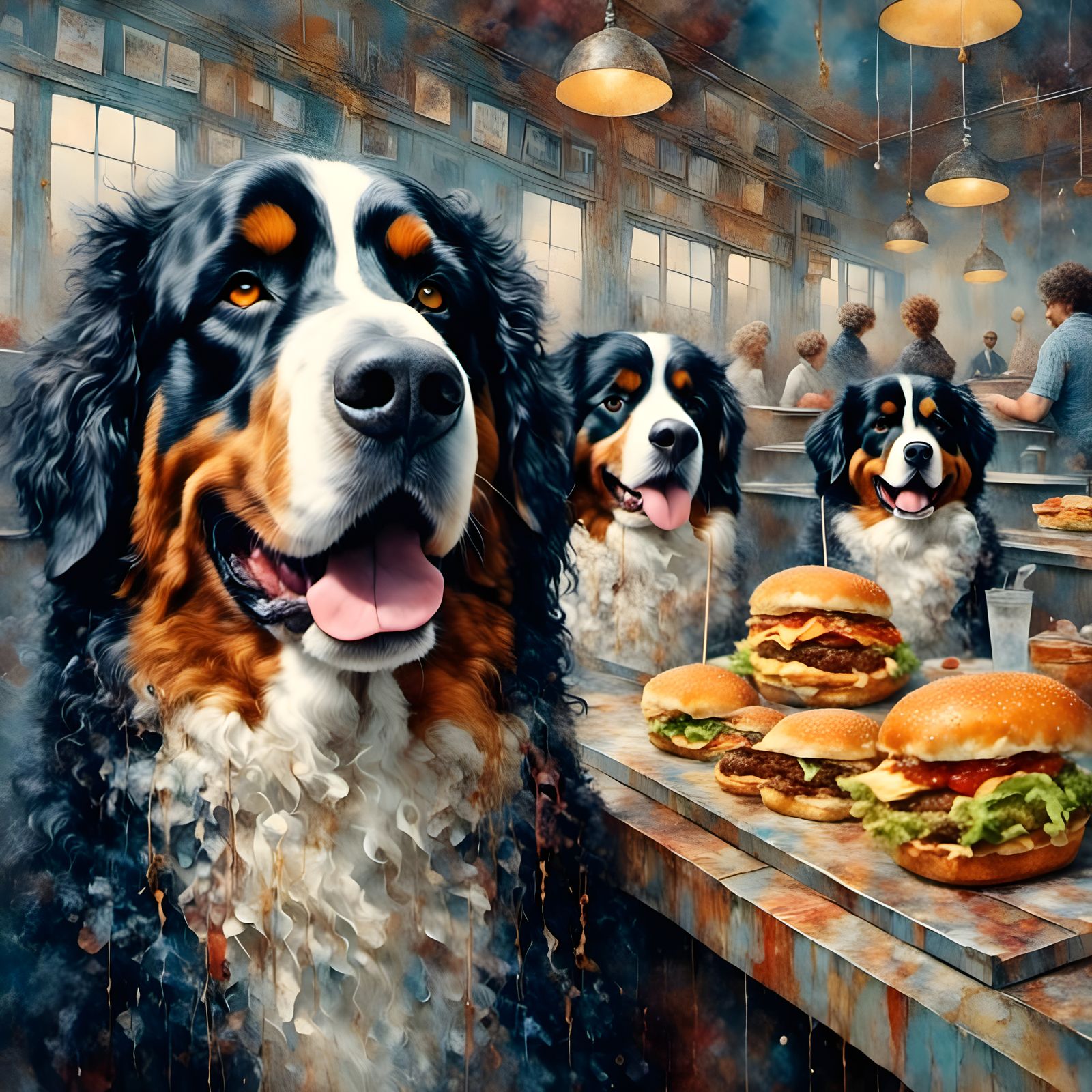 Vintage-Style Portrait of Hungry Bernese Mountain Dogs at a....